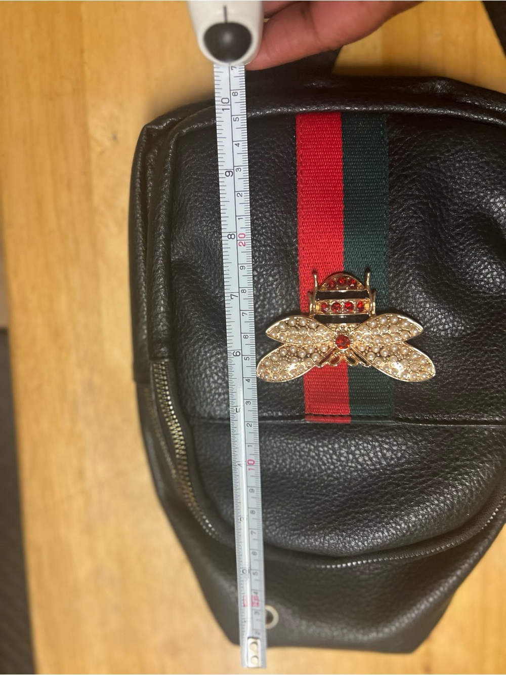 Black Leather Crossbody with Red & Green Stripe and Gold Bee Accent